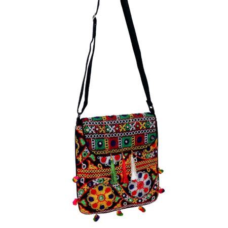 Jaipuri Handmade Embroidered Cotton Sling Bag – Traditional Rajasthani Crossbody Bag with Tassels for Women